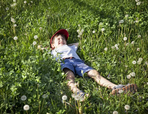歳の少年 草の上に横たわる — ストック写真