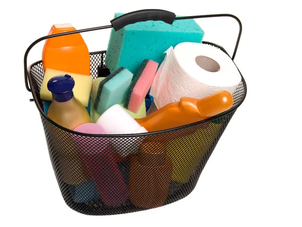 Cesta Cheia Garrafas Plástico Para Limpeza Suprimentos Loção Sabão Xampu — Fotografia de Stock