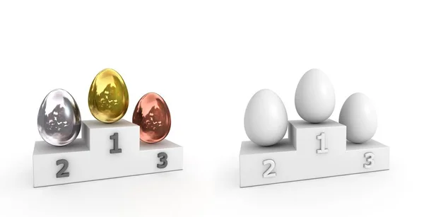 Pódio Victroy Com Três Ovos Ouro Prata Bronze Branco — Fotografia de Stock