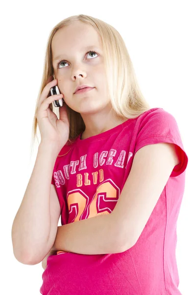 Giovane Ragazza Che Parla Telefono Sfondo Bianco — Foto Stock