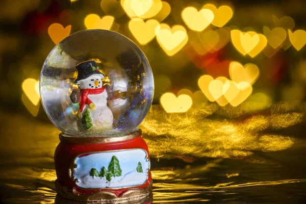 Globo Neve Natal Com Luzes Xmas Fundo Boneco Neve Com — Fotografia de Stock