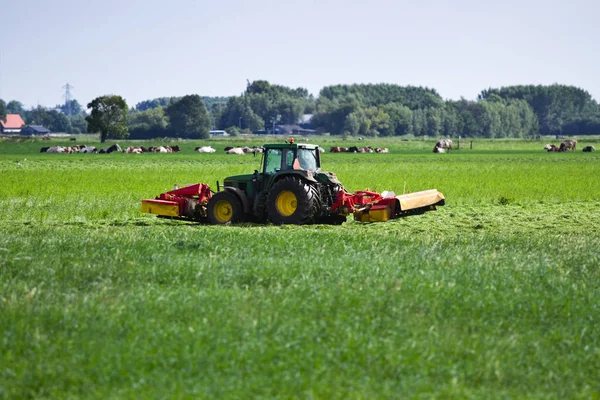 Agricultor Campo Con Tractor Cortacésped Madrugada Del Verano — Foto de Stock