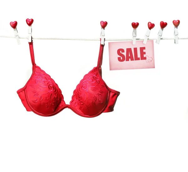 Fancy Red Bra Hanging Clothesline White Background — Stock Photo, Image