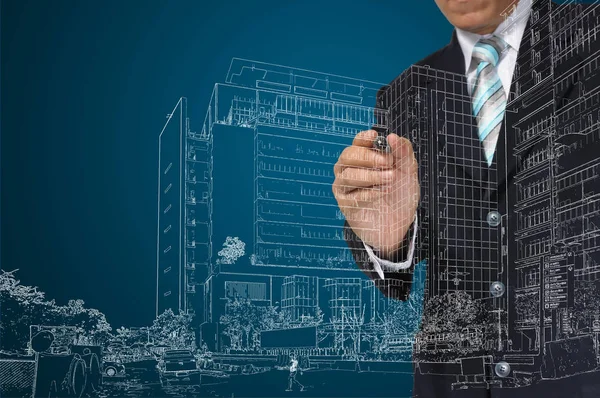 Business Man Architect Trekken Gebouw Stadsgezicht — Stockfoto