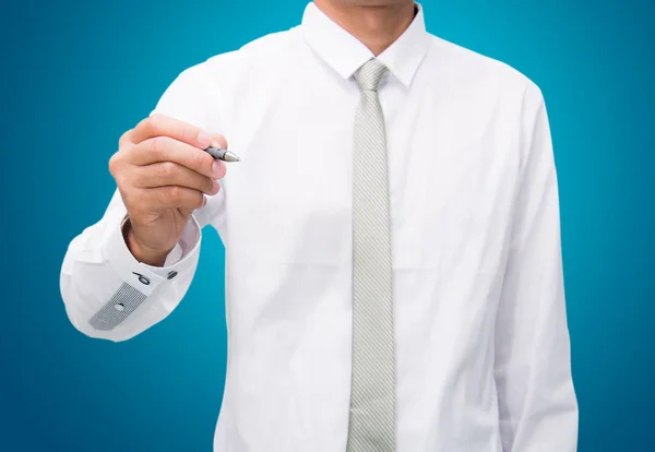 Geschäftsmann Stehender Haltung Hand Halten Einen Stift Isoliert Auf Über — Stockfoto