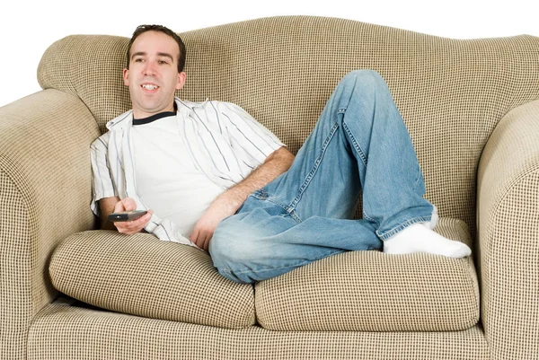 Young Man Relaxing Couch Watching — Stock Photo, Image
