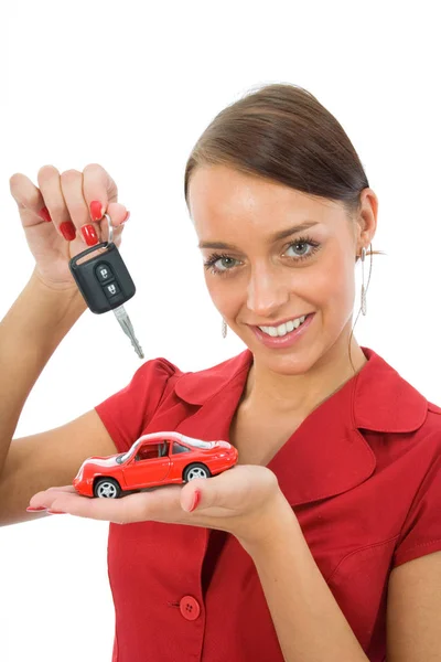 Biznes Kobieta Reklamuje Sprzedaż Samochodów — Zdjęcie stockowe