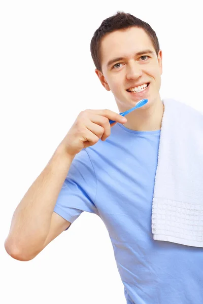 Jovem Casa Escovando Dentes Pela Manhã — Fotografia de Stock