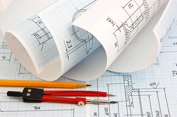 Herramientas Mecanismos Detallados Sobre Fondo Los Dibujos Técnicos — Foto de Stock