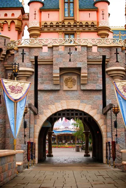 Looking Fantasy Castle Draw Bridge Entrance See Carousel Distance — стоковое фото