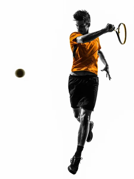 one  man tennis player in silhouette on white background