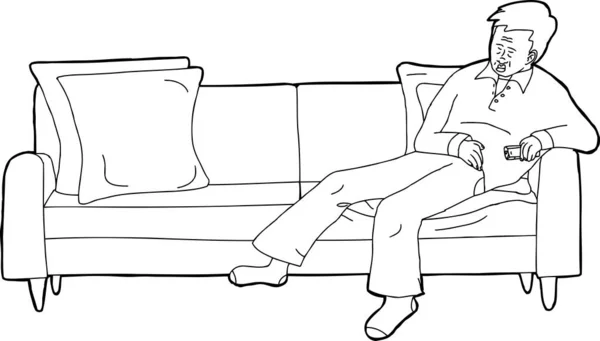 Cartoon Outline Illustration Sleeping Man Holding Remote — Stock Photo, Image