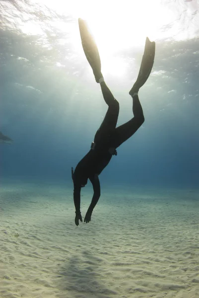 Freediver Descends Ocean Floor Sun Streaks Beams Light Surface Ocean — Stock Photo, Image