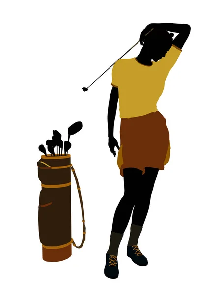 白い背景にアフリカ系アメリカ人の女性ゴルフ選手アートイラストシルエット — ストック写真