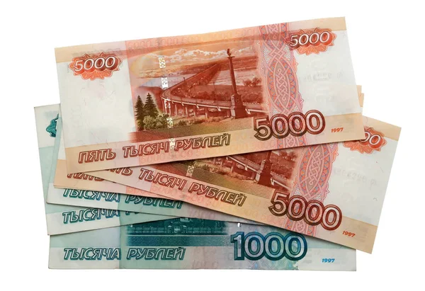 Російські Гроші Ять Тисяч Один Тисячі Рублів Білому Фоні — стокове фото
