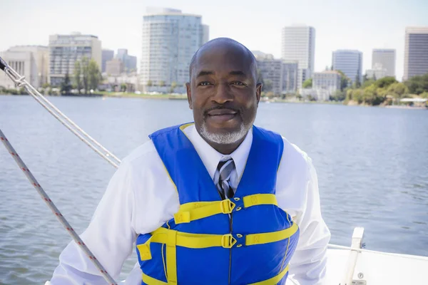African American Man Life Vest Sailing Boat — Stock Photo, Image