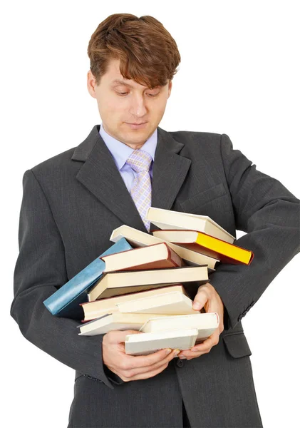 Estudante Carrega Grande Pilha Livros Livros Didáticos Nas Mãos — Fotografia de Stock