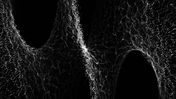 波形を奈落の底に浮かぶデジタルの粒子は サイバー技術を抽象化します 被写し界深度で背景をツイスト粒子 レンダリング — ストック写真