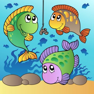 Three fishes and fishing hook - vector illustration. clipart