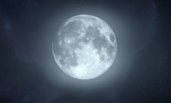 Vysoké Rozlišení Vykreslování Plného Měsíce Efektem Záře Polem Hvězd Pozadí — Stock fotografie