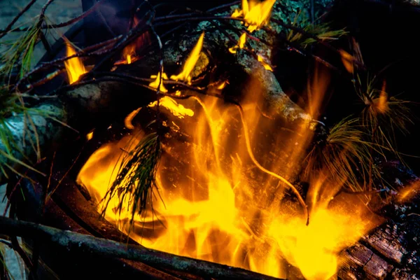 Chamas Fogo Acampamento Queimando Noite Após Caminhada — Fotografia de Stock