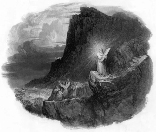 シナイ山の10の戒め石の錠剤を持つモーセのビネット 背景の人々の群衆 1847年にウィリアム ミラーによって彫刻され 年齢のおかげでパブリックドメインイメージ — ストック写真
