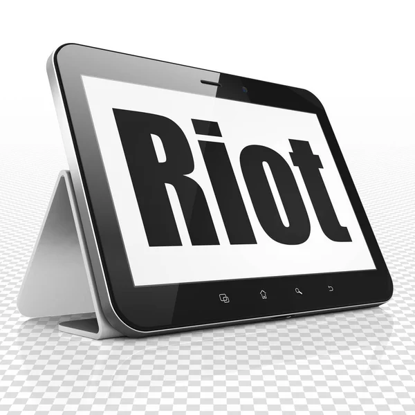정치적 텍스트 폭동이 표시된 태블릿 컴퓨터 렌더링 — 스톡 사진
