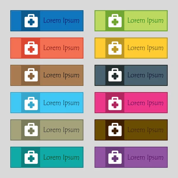 Sinal Ícone Kit Primeiros Socorros Conjunto Doze Botões Retangulares Coloridos — Fotografia de Stock