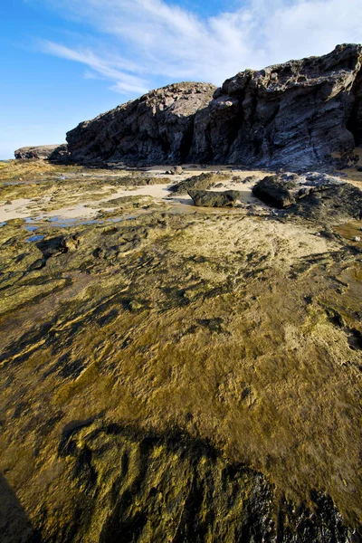 Соляной Пляж Легкая Вода Лансароте Остров Пенной Скалы Испанский Пейзаж — стоковое фото