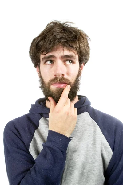 Jovem Homem Com Urso Cabelo Bagunçado Pensando Uma Boa Ideia — Fotografia de Stock