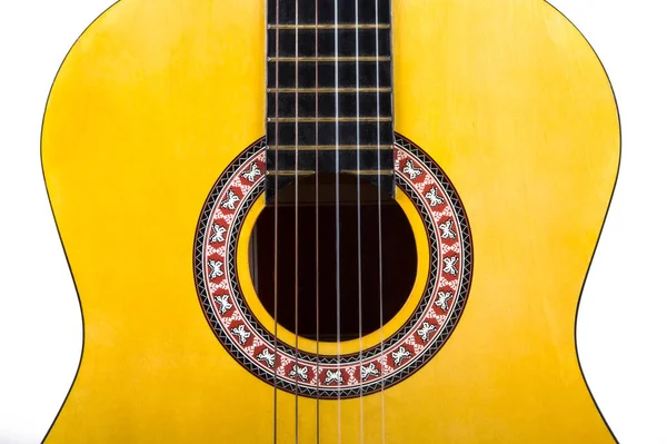 Vista Frontal Guitarra Acústica Clássica Madeira Isolada Sobre Fundo Branco — Fotografia de Stock