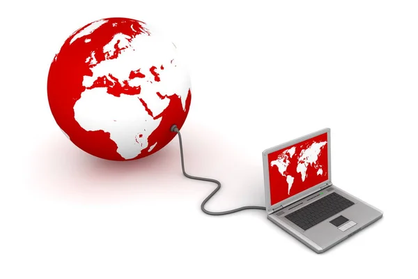 Laptop Mit Rotem Globus Verkabelt Weißes Land Roter Ozean — Stockfoto