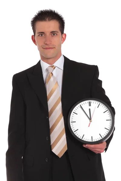 Handsome Businessman Holding Clock Shows Eleventh Hour All White Background — Stock Photo, Image