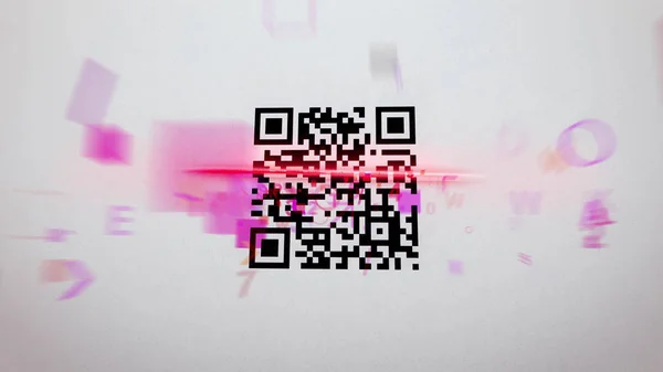 抽象的なQrコードスキャン手順のファジィ3Dイラスト急いで記号 ピンクの色の数字 黒と白のコードは赤のレーザーラインで覆われています — ストック写真