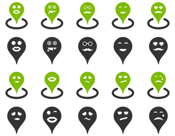 Smiled map marker icons. Glyph set style is bicolor flat images, eco green and gray symbols, isolated on a white background.