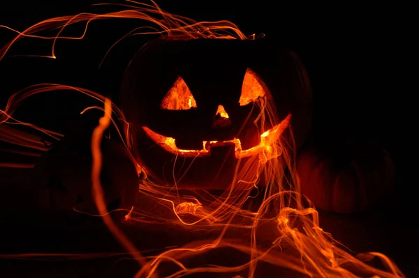 Set Von Drei Halloween Kürbissen Von Feuer Umgeben — Stockfoto