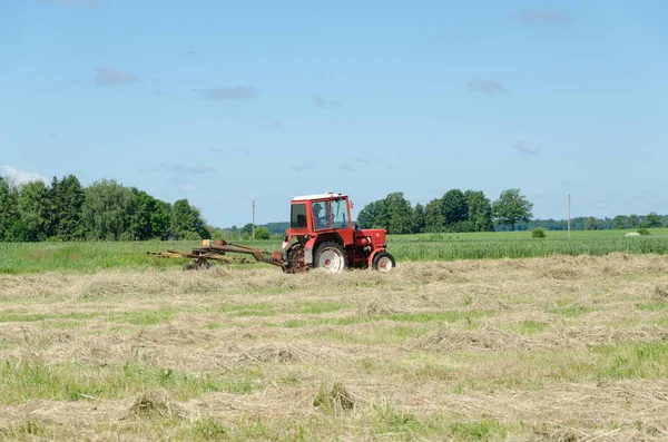 Traktor Těžký Stroj Zařízení Ted Seno Suché Trávy Oblasti Zemědělství — Stock fotografie