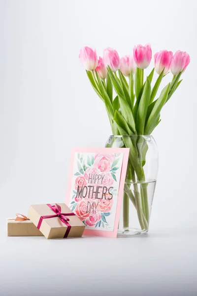 Красиві Рожеві Тюльпани Вазі Щасливі Мами День Листівки Подарунки — стокове фото