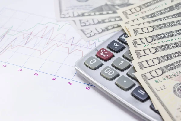 Kalkulačka Milimetrový Papír Bankovky Dolaru Dolarů Pro Obchodní Finanční Koncept — Stock fotografie