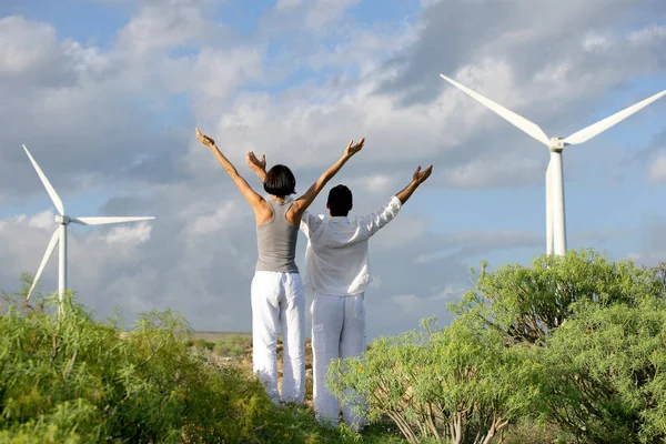 Couple Doing Yoga Wind Farm — Stock Photo, Image