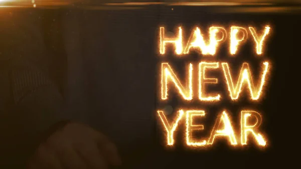 Businessman Projected Holographic Screen Inscription Happy New Year — Stock Photo, Image