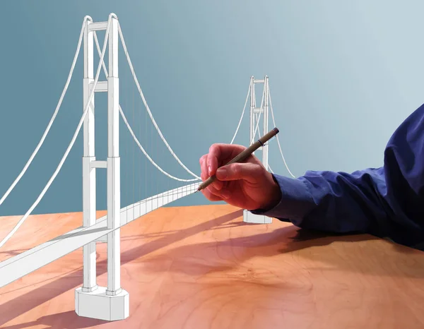 建筑师在他的办公桌上画了一座3D的吊桥 — 图库照片