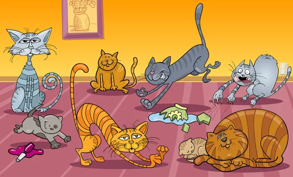 Cartoon Illustration of Many Naughty Cats at Home