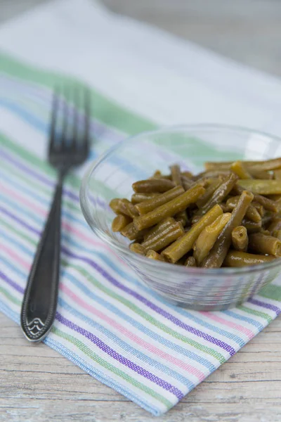 Placa Los Frijoles Verdes Preparados Tenedor Servilleta — Foto de Stock