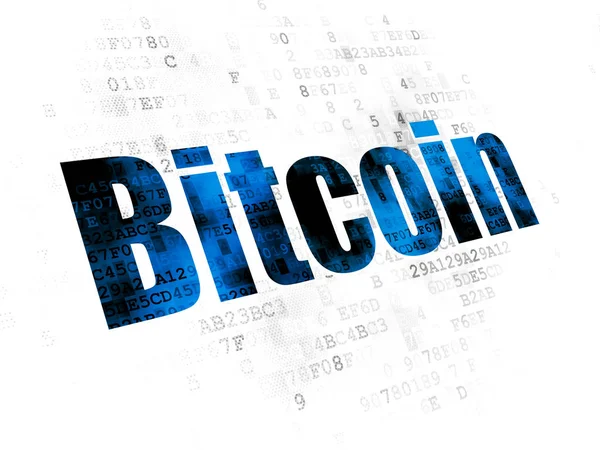 Blockchain Koncept Pixelated Blå Text Bitcoin Digital Bakgrund — Stockfoto