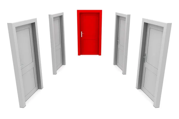 Abstract Hallway Four Gray Doors One Red Door End Corridor — Stock Photo, Image
