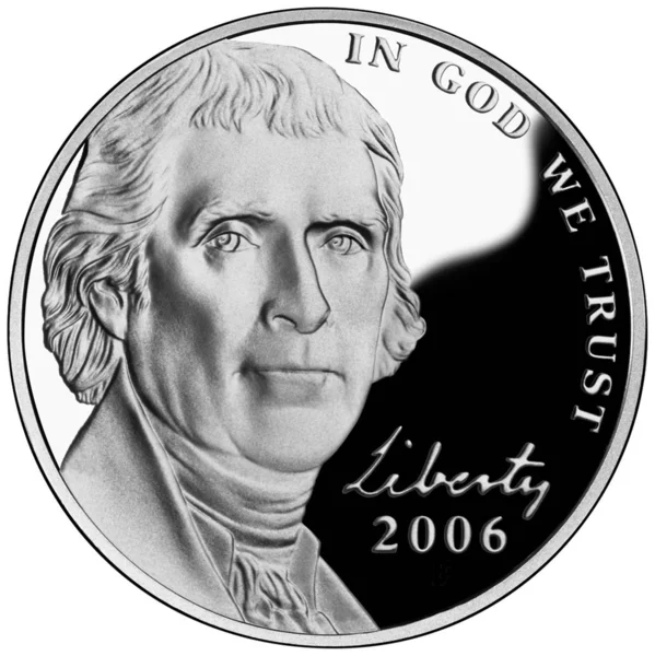 Statele Unite Sau American Nickel Fața Președintelui Thomas Jefferson Izolat — Fotografie, imagine de stoc