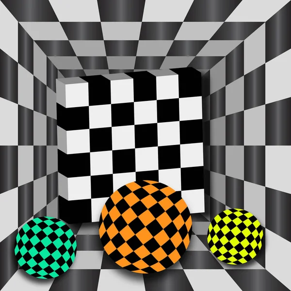 Tunnel Damier Avec Cube Trois Sphères Couleur Contexte Pour Échiquier — Photo