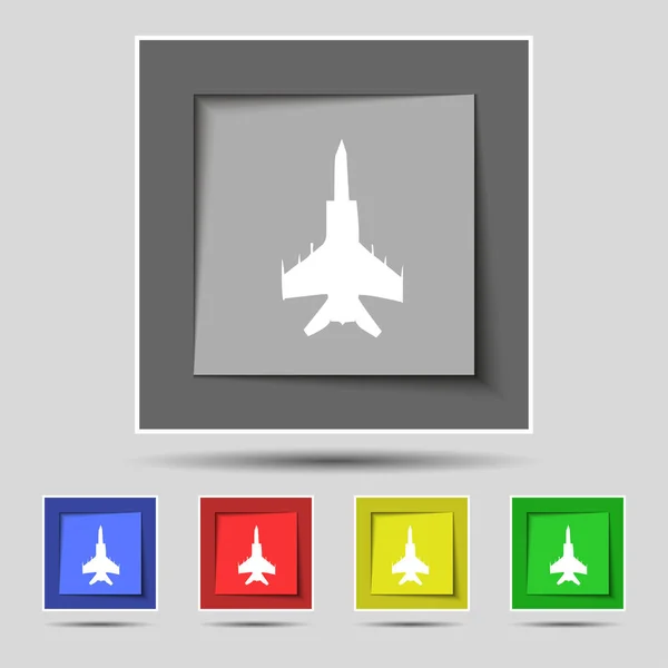 战斗机图标标志在原来的五个彩色按钮 — 图库照片