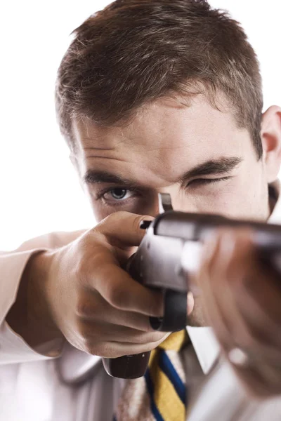 Businessman Carefully Aims Rifle — Stock Photo, Image